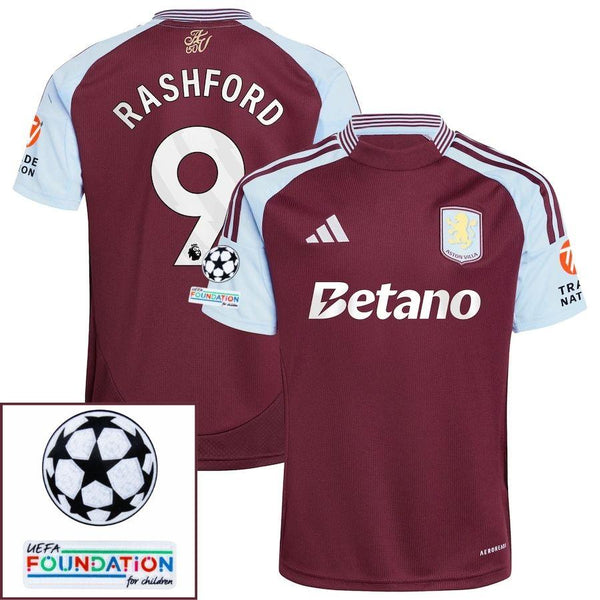 Aston Villa Rashford 9 Home Fan Jersey 2024/25 Patches UCL UEFA Foundation (Official Printing)