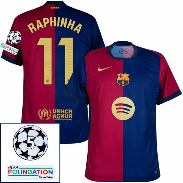 Barcelona Raphinha 11 Home 2024/25 Patches UCL UEFA Foundation (Official Printing)