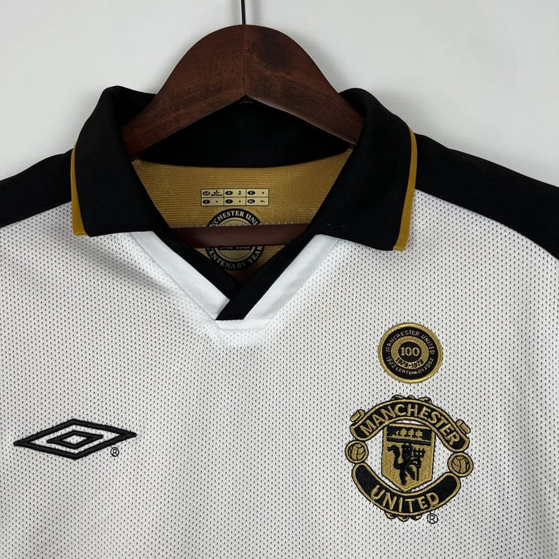 Manchester United 100th Anniversary Edition Men's Retro Shirt - White and Black, Gold and Black Double Sided